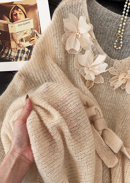 Fitted Khaki Tie Waist Decorated Knit Sweater Tops Fall