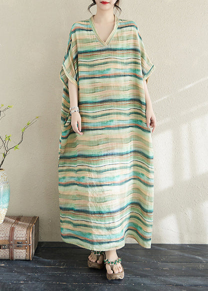 Fitted Light Green Oversized Striped Cotton Robe Dresses Summer