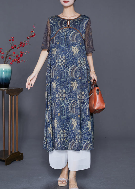 Fitted Navy O-neck Patchwork Print Silk Dresses Cloak Sleeves