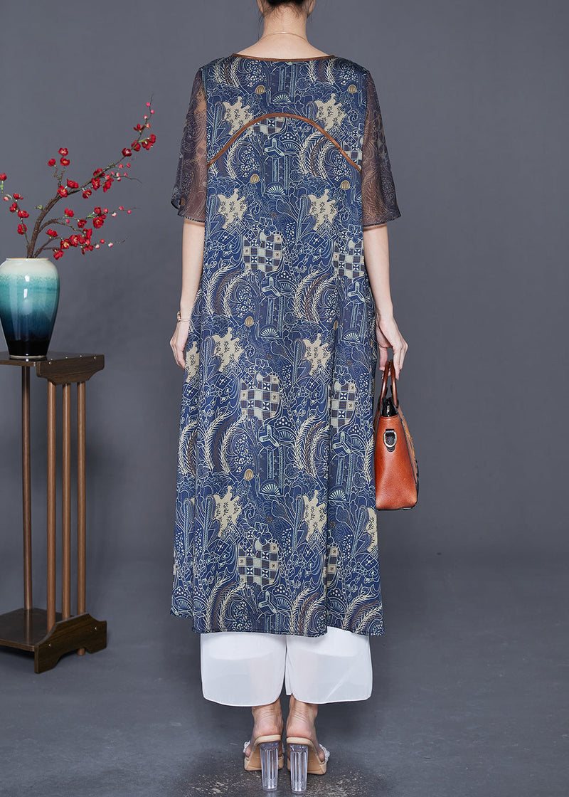 Fitted Navy O-neck Patchwork Print Silk Dresses Cloak Sleeves