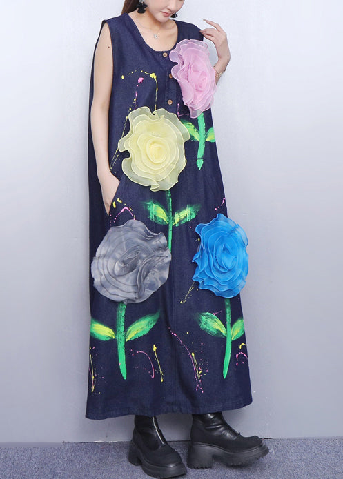 Fitted Navy Painting Multicolored Denim a Line Dress Sleeveless