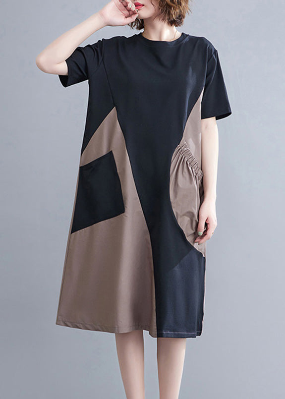 Fitted O-neck Asymmetrical Patchwork Wrinkled Long Dresses Summer