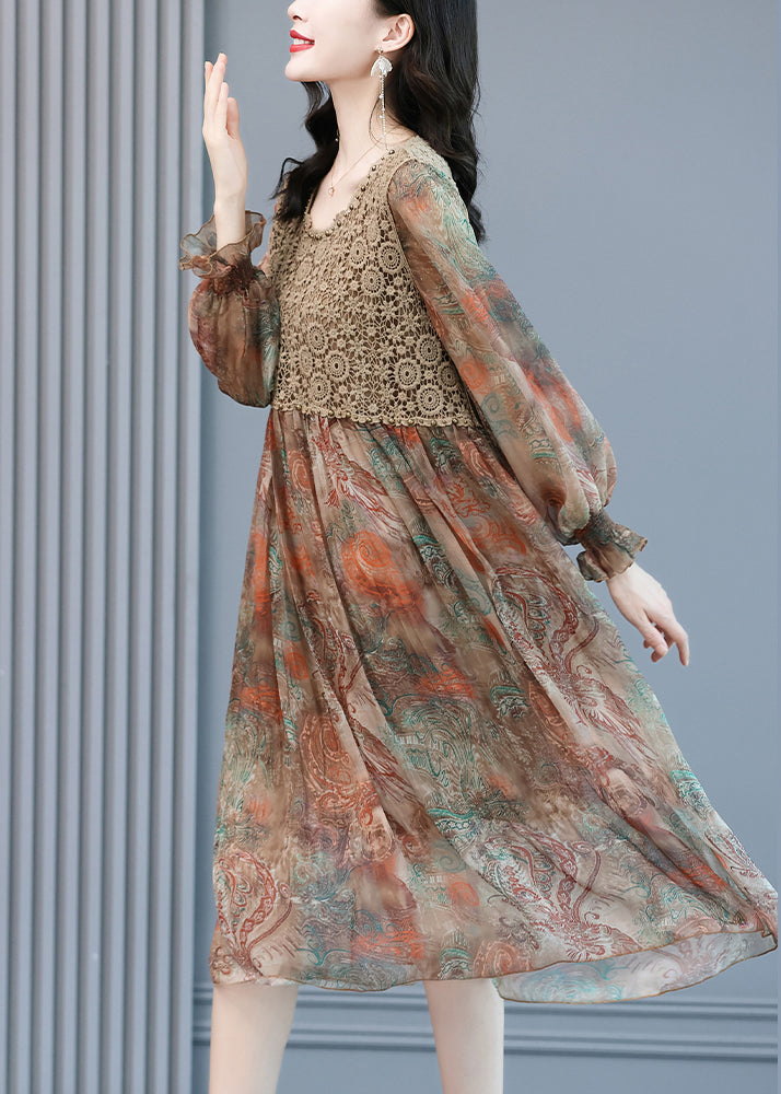 Fitted O-neck Print Lace Patchwork Chiffon Party Dress Lantern Sleeve