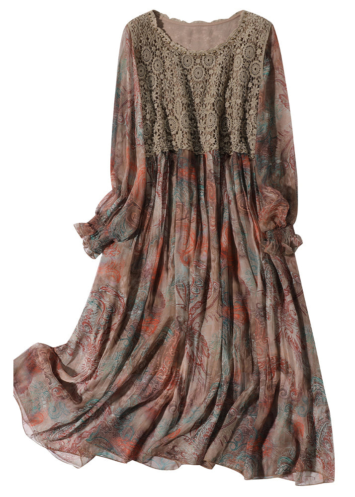 Fitted O-neck Print Lace Patchwork Chiffon Party Dress Lantern Sleeve
