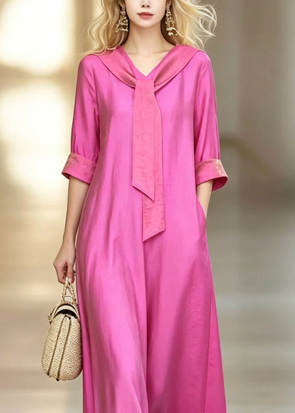 Fitted Pink Bow Patchwork Maxi Dresses Short Sleeve