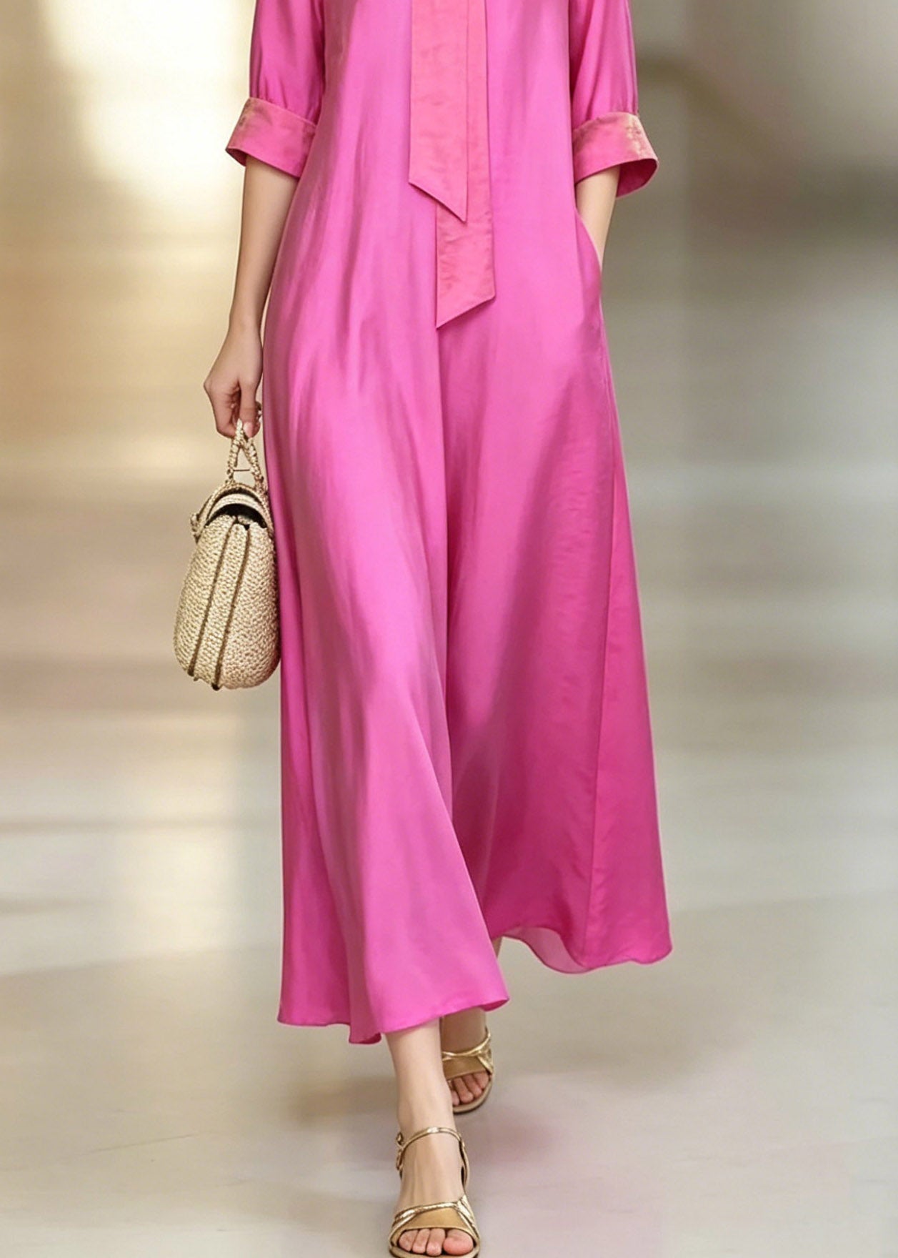 Fitted Pink Bow Patchwork Maxi Dresses Short Sleeve