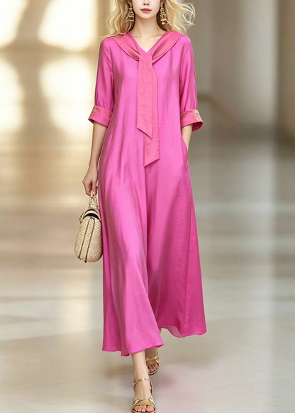 Fitted Pink Bow Patchwork Maxi Dresses Short Sleeve