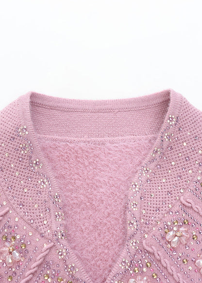 Fitted Pink O Neck Zircon Warm Fleece Knit Sweaters Spring