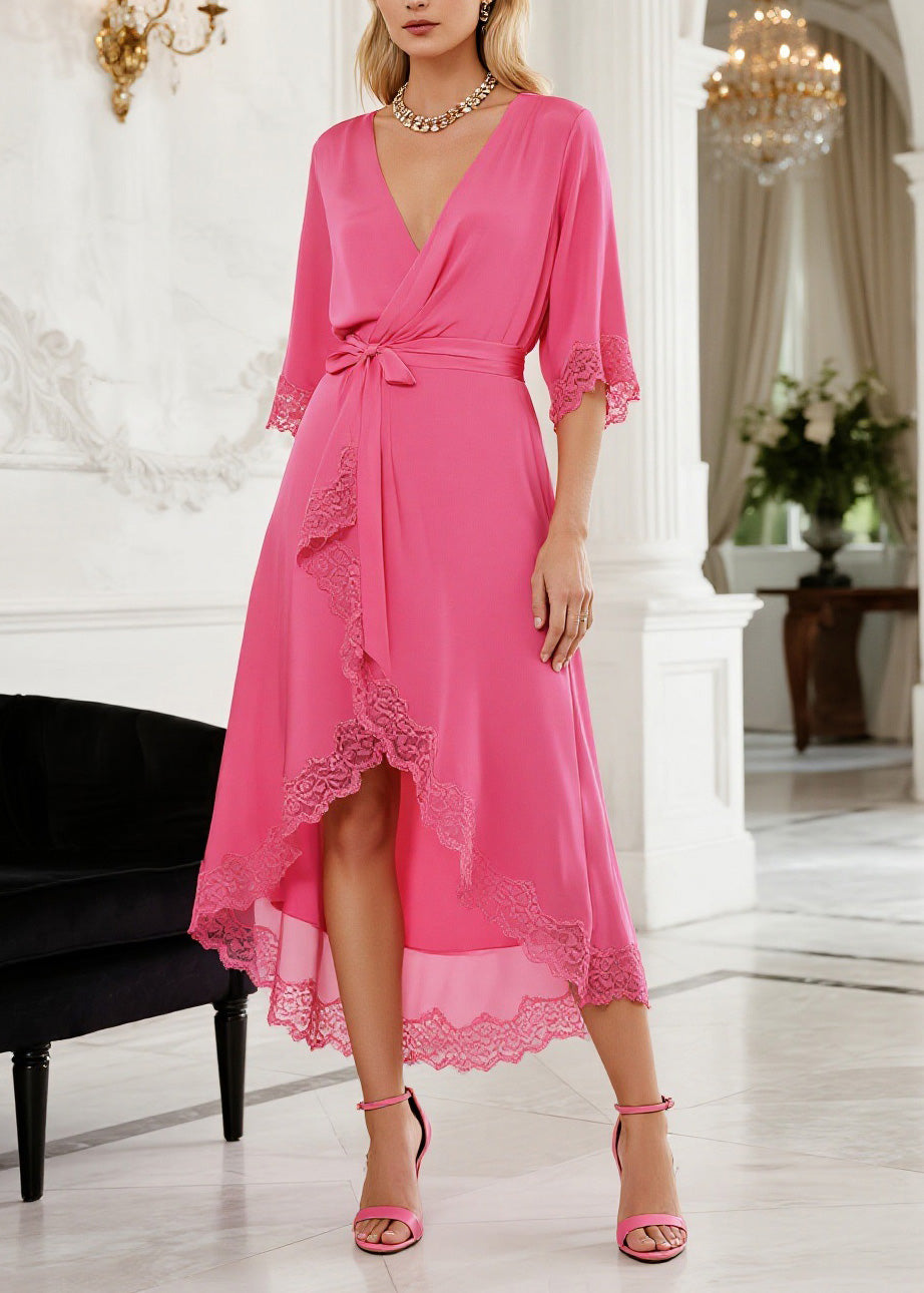 Fitted Pink V Neck Asymmetrical Lace Patchwork Silk Dress Summer