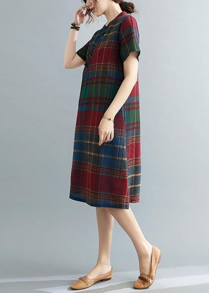 Fitted Plaid Oriental Cotton Linen Summer Dress