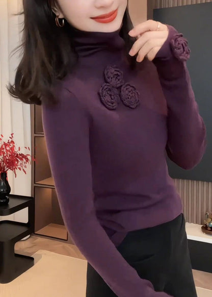Fitted Purple Hign Neck Patchwork Knit Sweaters Spring