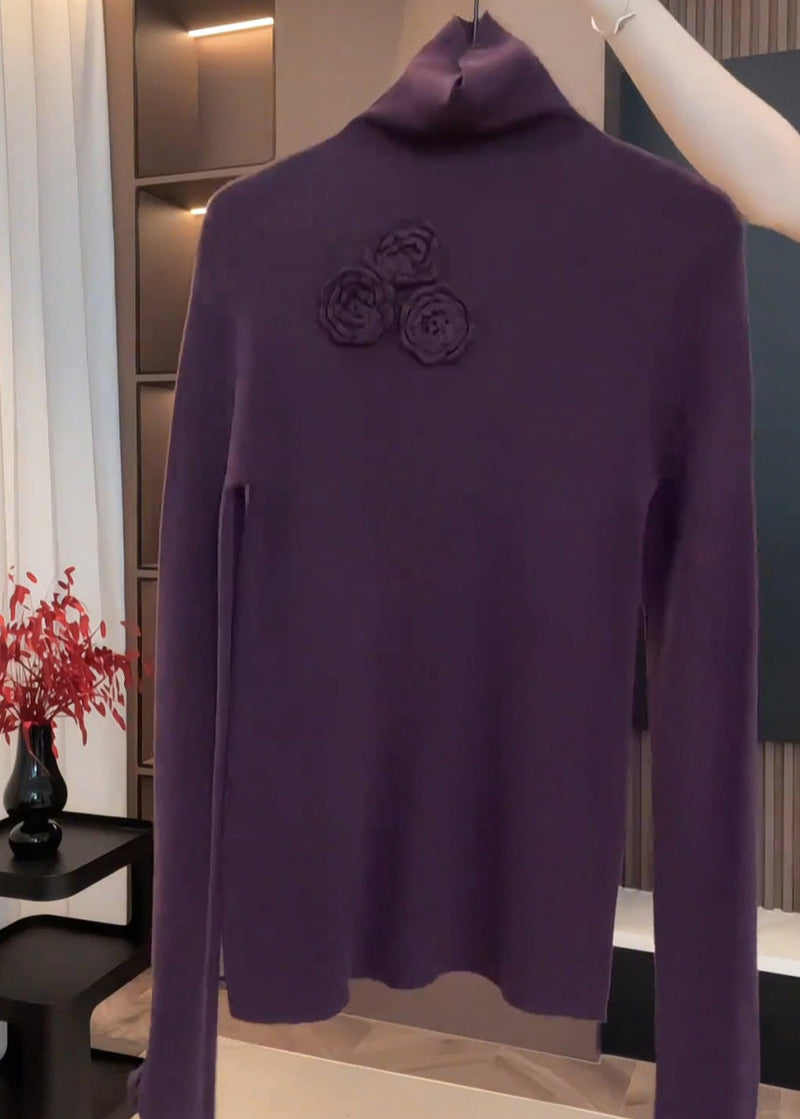 Fitted Purple Hign Neck Patchwork Knit Sweaters Spring