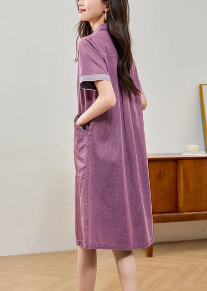 Fitted Purple Peter Pan Collar Pockets Denim Day Dress Summer