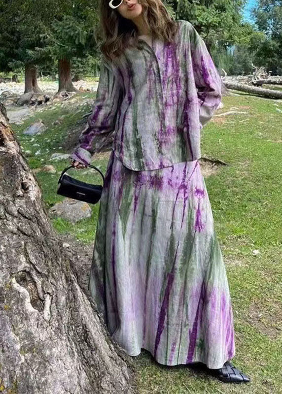 Fitted Purple Peter Pan Collar Tie Dye Shirts and Maxi Skirts Two Piece Set Long Sleeve