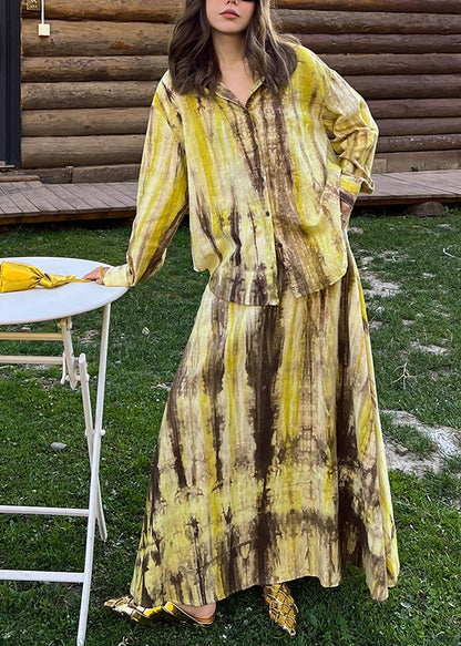 Fitted Purple Peter Pan Collar Tie Dye Shirts and Maxi Skirts Two Piece Set Long Sleeve