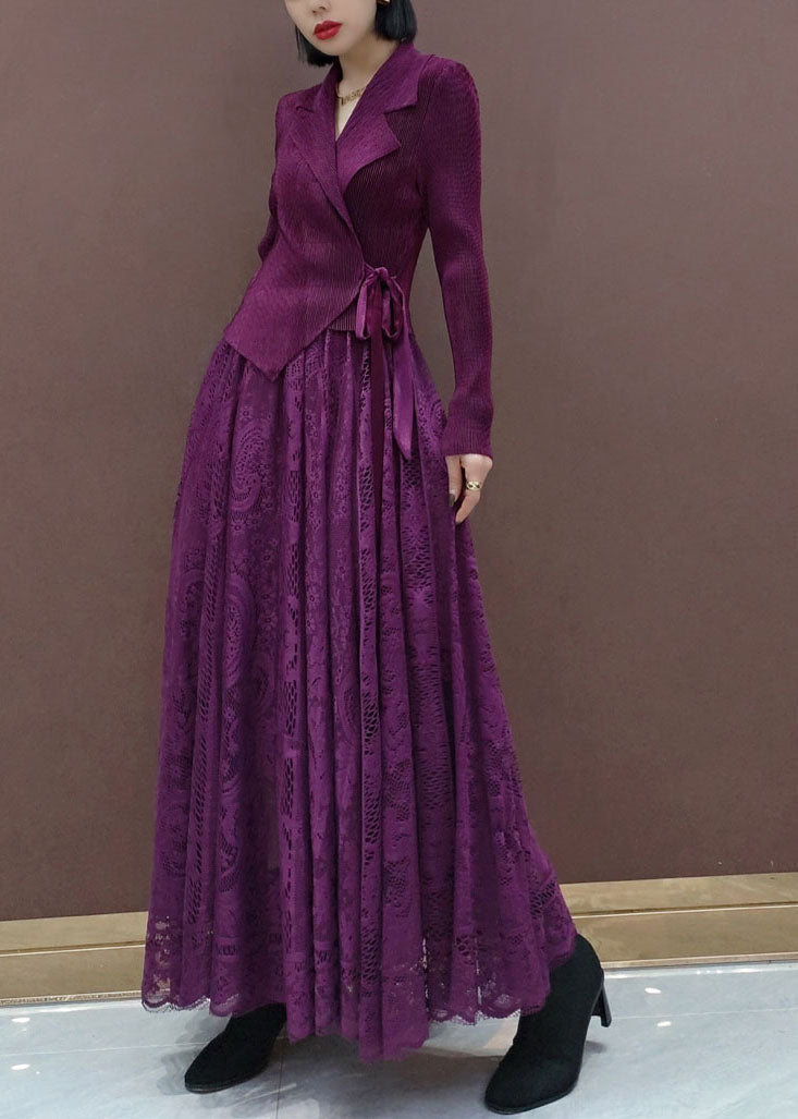 Fitted Purple Tie Waist Peter Pan Collar Knit Tops Lace Skirts Sets Two Pieces Spring