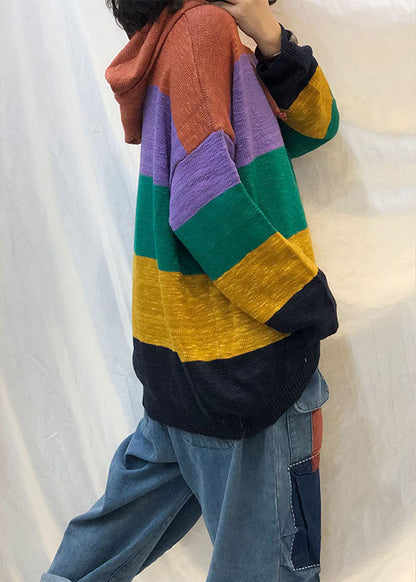 Fitted Rainbow Hooded Drawstring Striped Fall Knit Sweaters