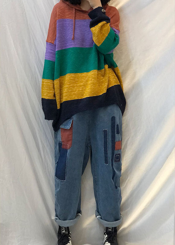 Fitted Rainbow Hooded Drawstring Striped Fall Knit Sweaters