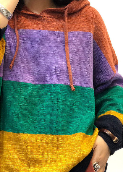 Fitted Rainbow Hooded Drawstring Striped Fall Knit Sweaters