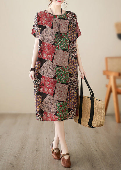 Fitted Red Plaid O-neck Print Party Maxi Dress Short Sleeve