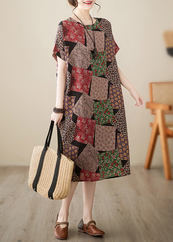 Fitted Red Plaid O-neck Print Party Maxi Dress Short Sleeve