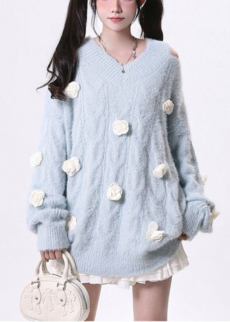 Fitted Sky Blue Cold Shoulder Knit Pullover Spring