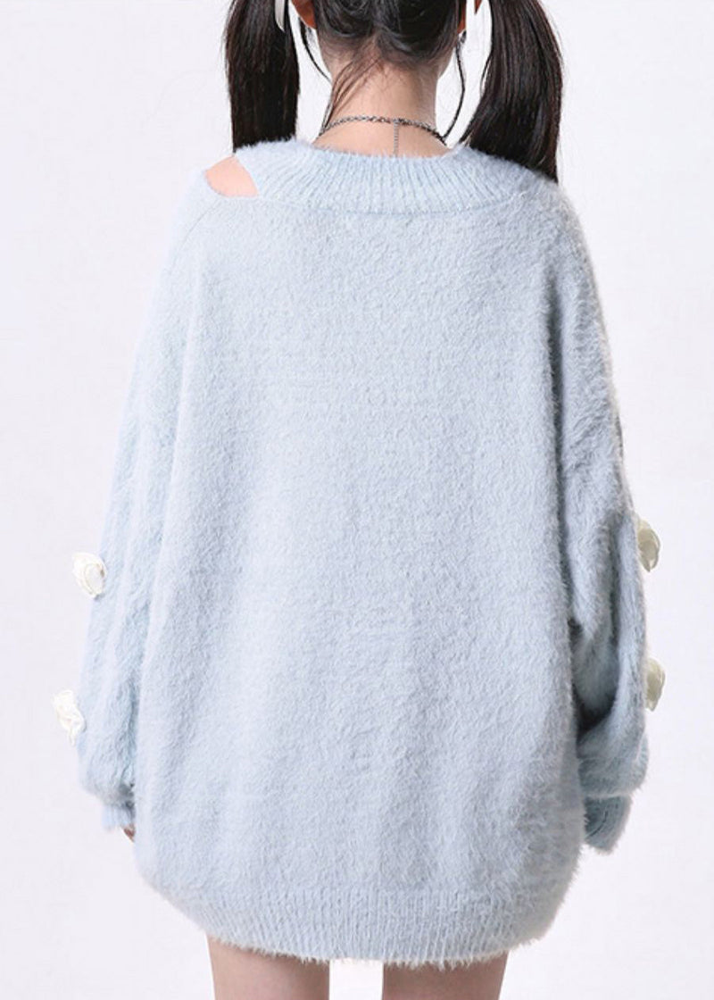 Fitted Sky Blue Cold Shoulder Knit Pullover Spring