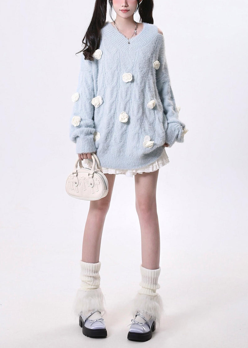 Fitted Sky Blue Cold Shoulder Knit Pullover Spring