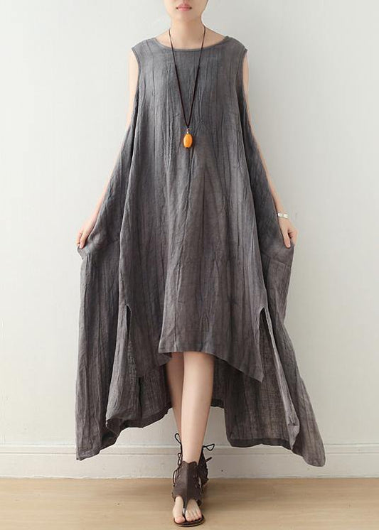 Fitted Sleeveless Linen Grey Side Open Summer Dress