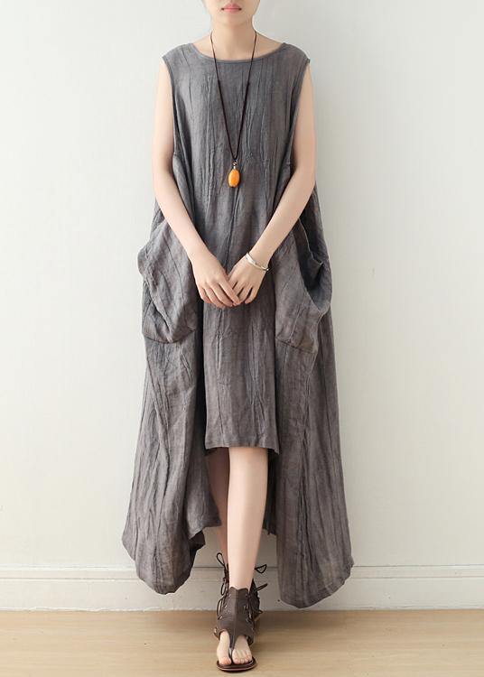 Fitted Sleeveless Linen Grey Side Open Summer Dress