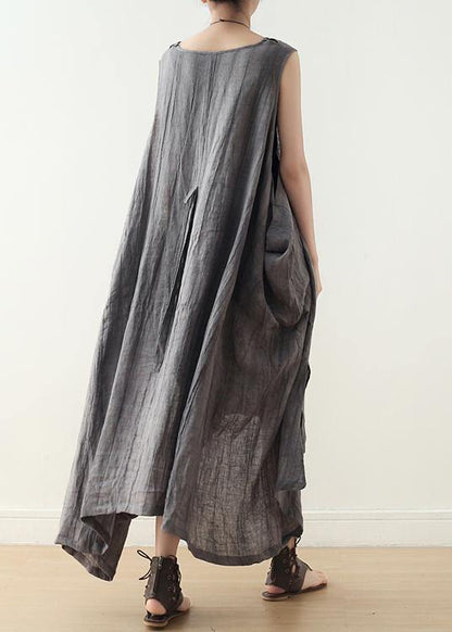 Fitted Sleeveless Linen Grey Side Open Summer Dress