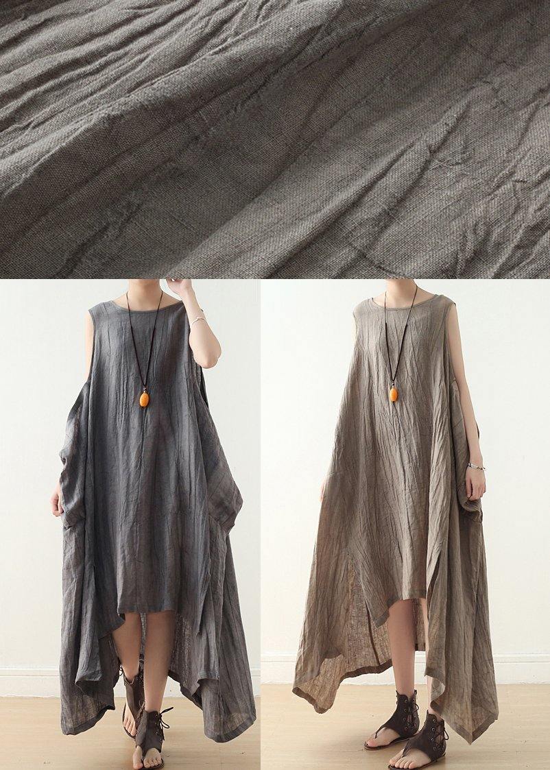 Fitted Sleeveless Linen Grey Side Open Summer Dress