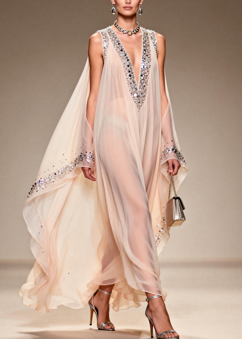 Fitted V Neck Cold Shoulder Zircon Chiffon Dress Summer