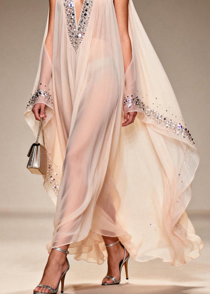 Fitted V Neck Cold Shoulder Zircon Chiffon Dress Summer