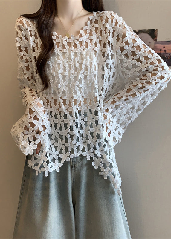 Fitted White Embroidered Hollow Out Tops Fall