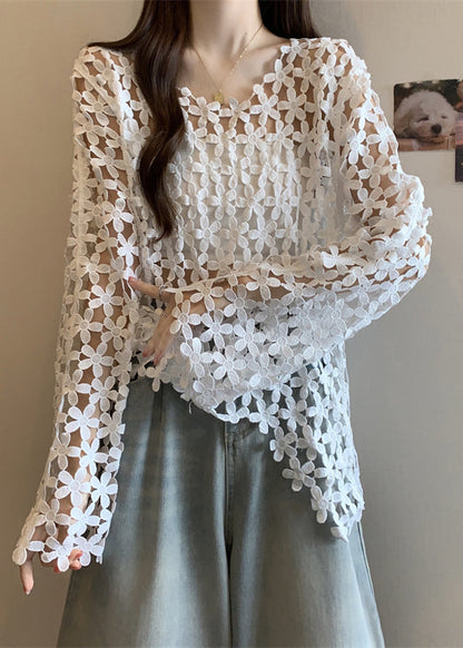 Fitted White Embroidered Hollow Out Tops Fall
