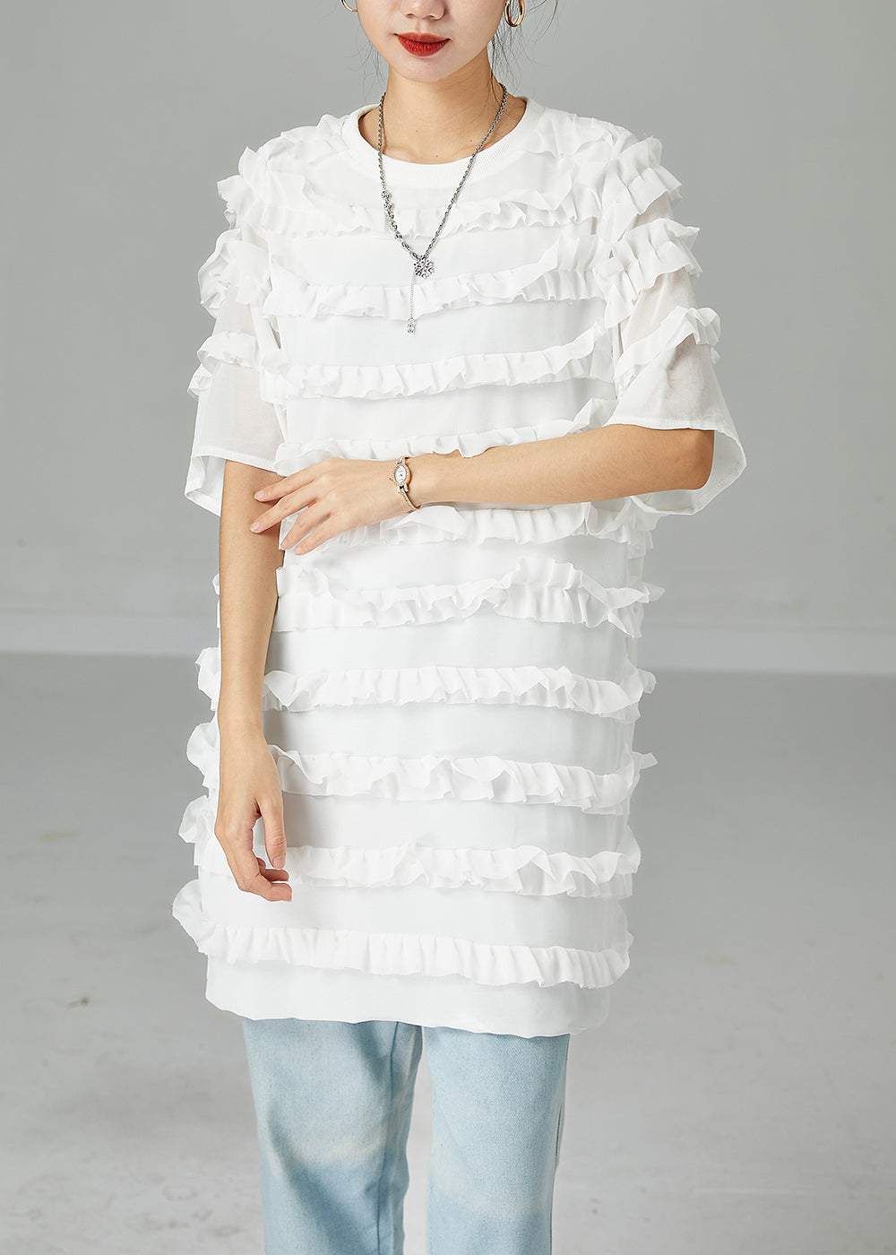 Fitted White O-neck Patchwork Ruffled Chiffon Dress Summer
