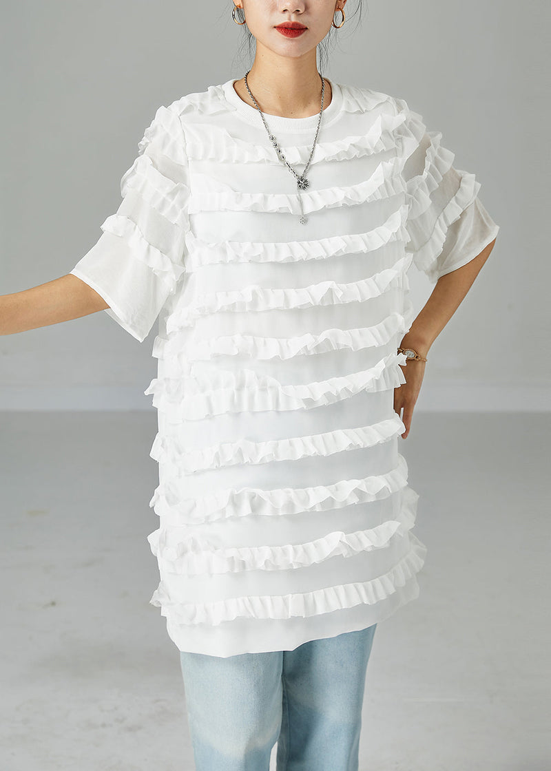 Fitted White O-neck Patchwork Ruffled Chiffon Dress Summer
