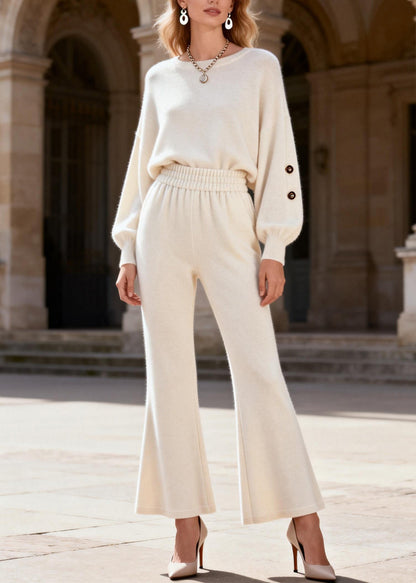 Fitted White O Neck Top and Flared Trousers Knit Two Pieces Set Spring