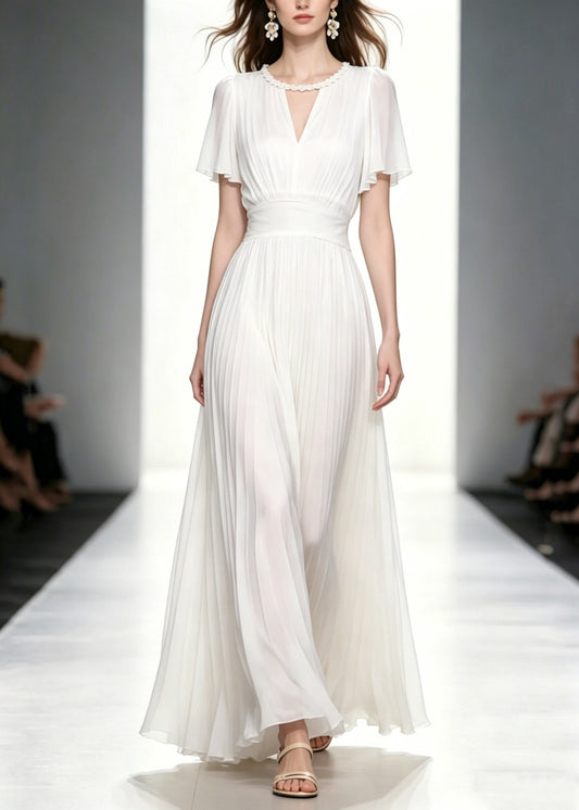 Fitted White O-neck Wrinkled Tunic Chiffon Long Dresses Summer