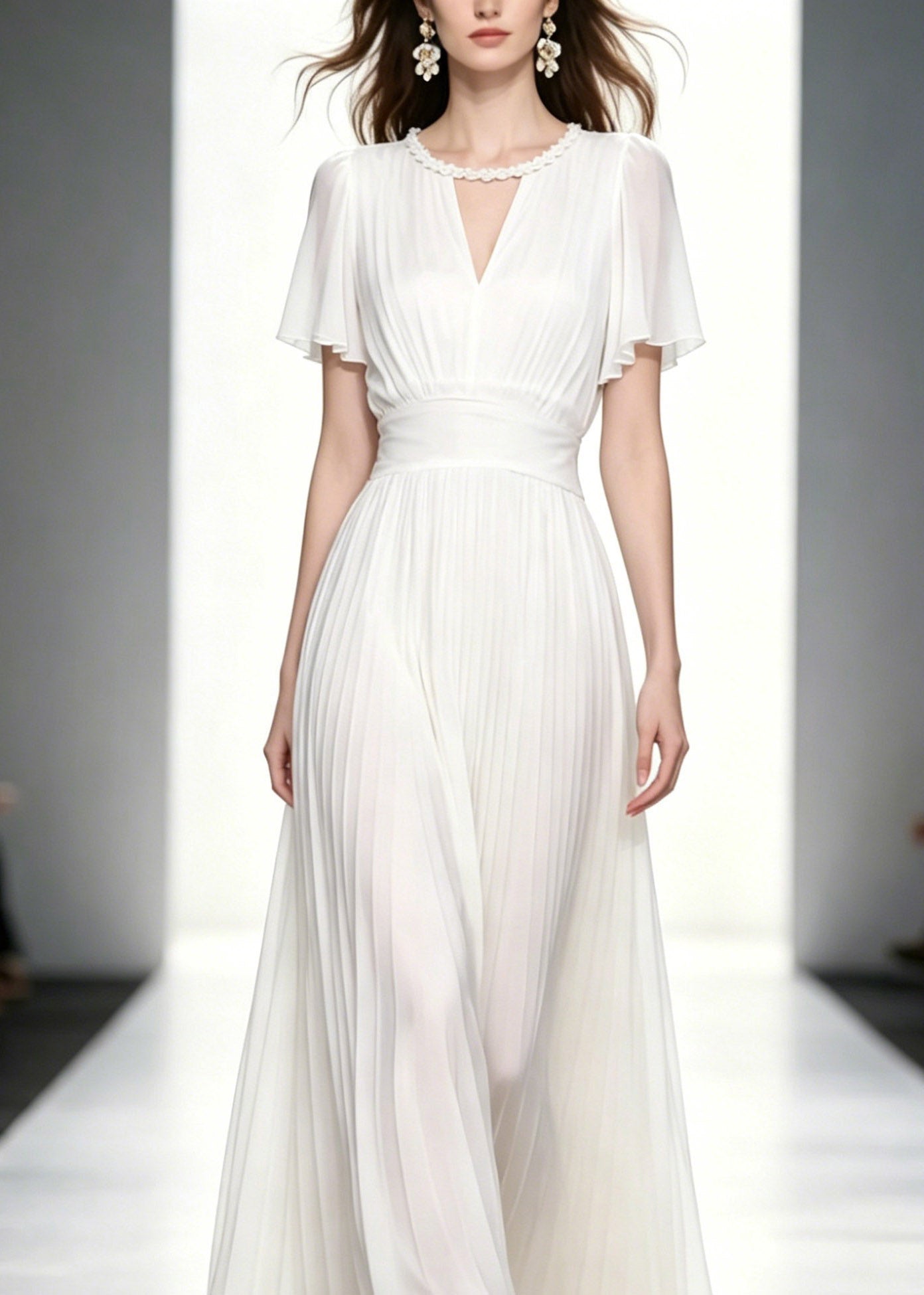Fitted White O-neck Wrinkled Tunic Chiffon Long Dresses Summer