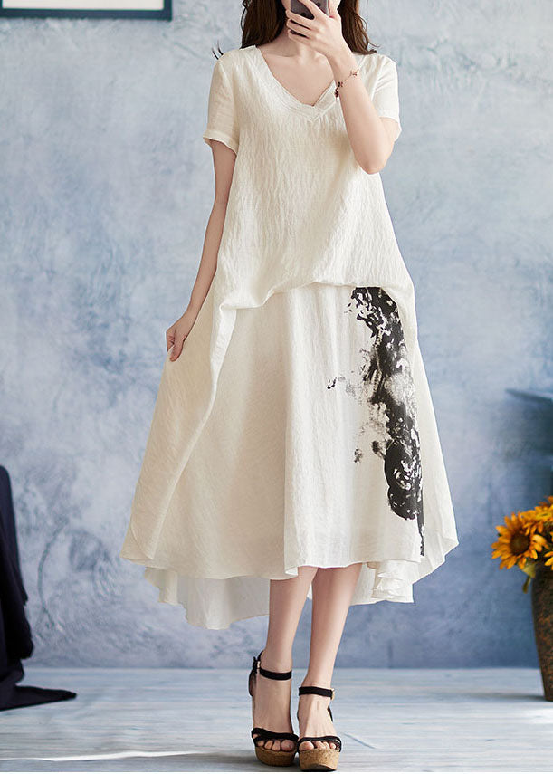 Fitted White Asymmetrical Design V Neck Print Holiday Dress Short Sleeve