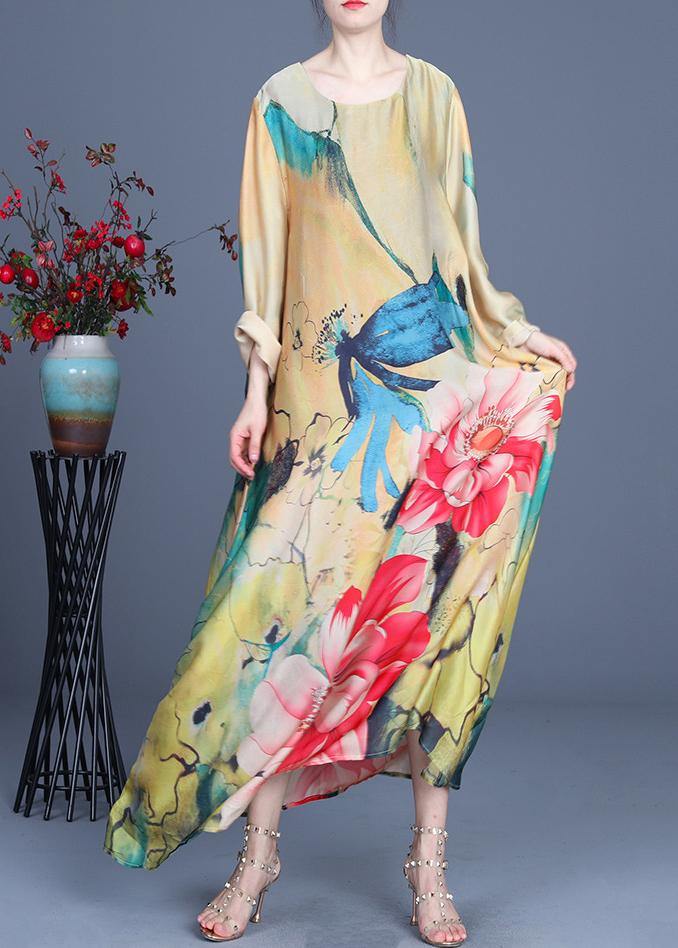 Fitted Yellow Print Long Sleeve Chiffon Maxi Dresses Summer