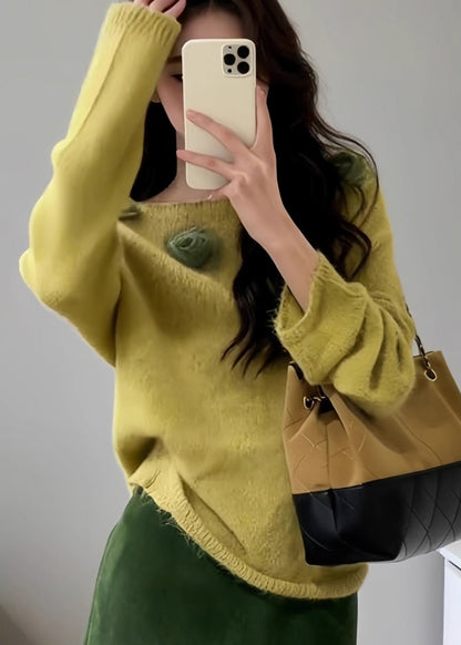 Fitted Yellow Slash Neck Decorated Knit Pullover Spring