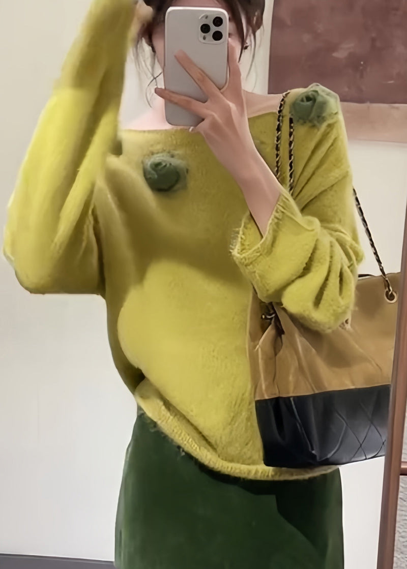 Fitted Yellow Slash Neck Decorated Knit Pullover Spring