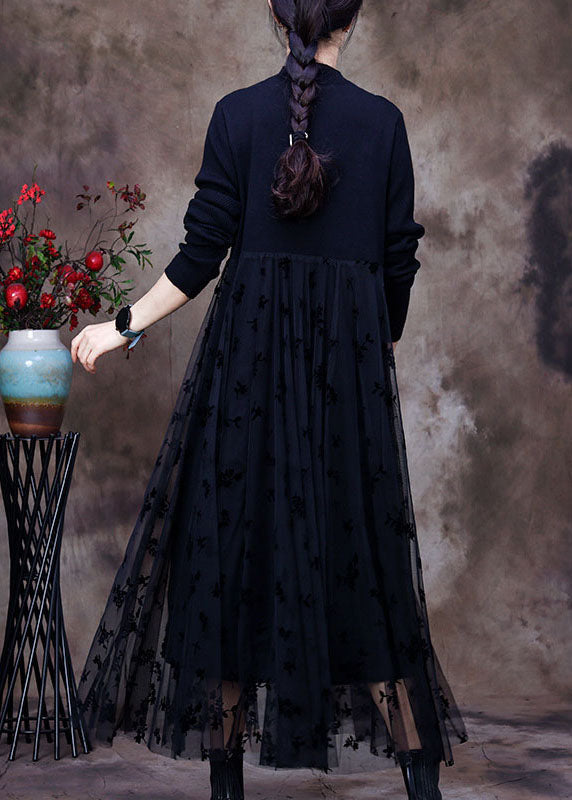 Fitted Black O-neck Lace Patchwork Knit Vacation Dresses Spring