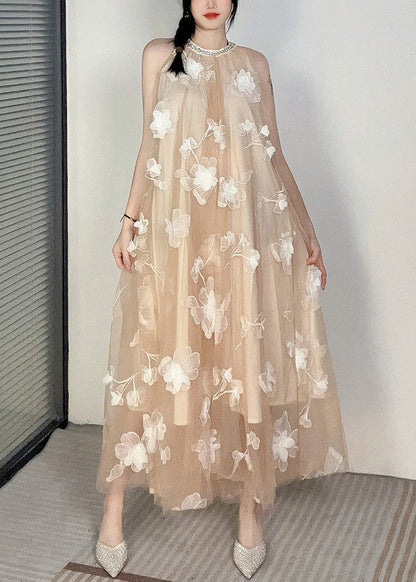 Apricot O-neck Cold Shoulder Tulle Dress Sleeveless