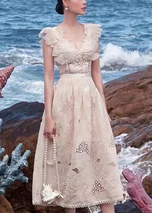 Apricot V Neck Hollow Out Cotton Dresses Sleeveless