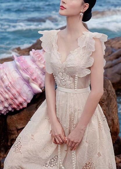 Apricot V Neck Hollow Out Cotton Dresses Sleeveless