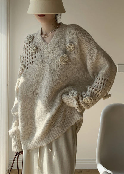 Apricot V Neck Hollow Out Cotton Knit Sweater Spring